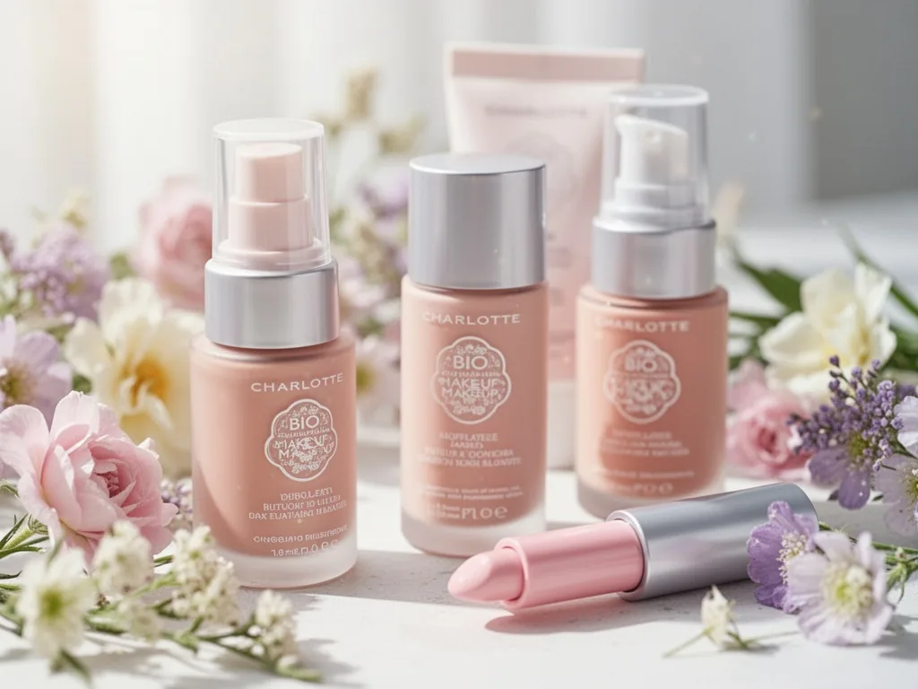 Flacon de fond de teint et rouge à lèvres Charlotte Bio posés sur une coiffeuse en bois clair, avec un pinceau et des fleurs