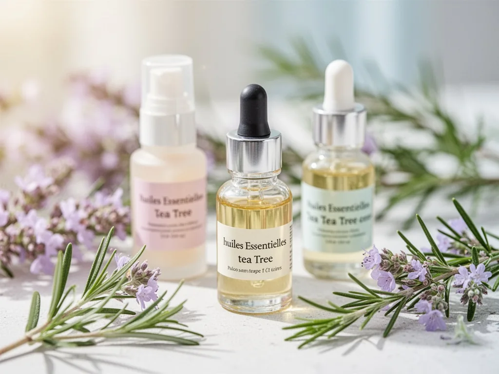 Flacon d'huile essentielle de tea tree posé sur un plan en bois clair, entouré de quelques feuilles d'arbre à thé séchées et